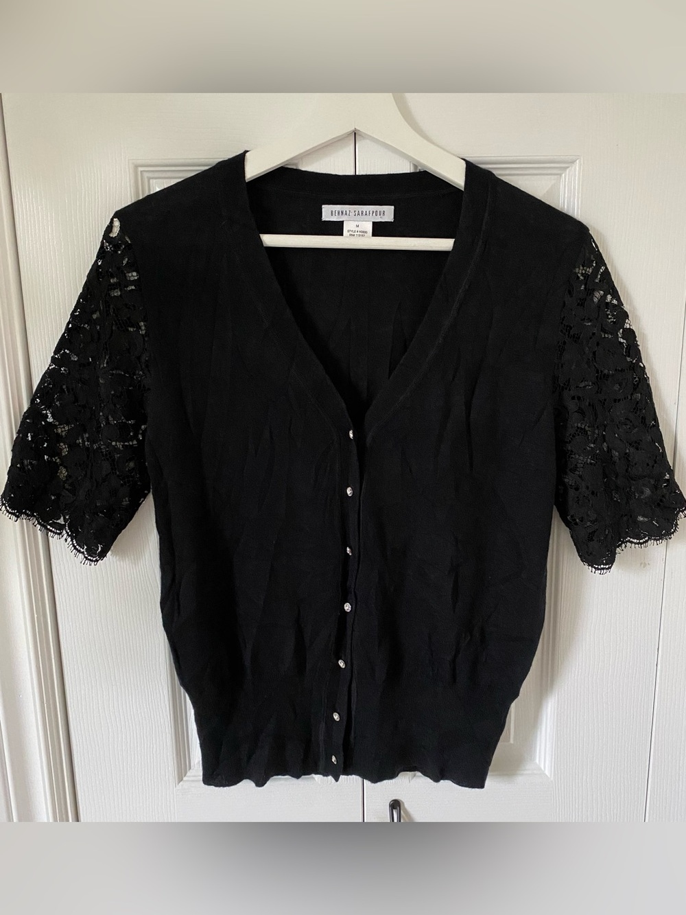 Behnaz-Sarafpour silk cashmere Cardigan short Lace Sleeves crystal buttons black